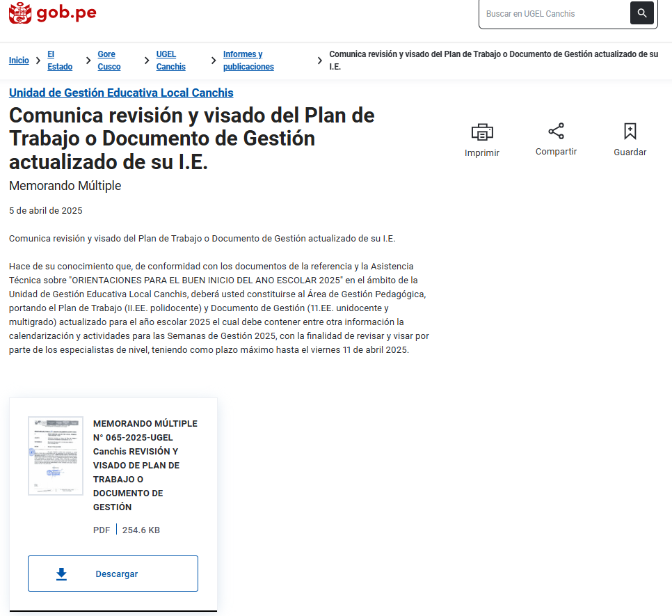 Comunica revisión y visado del Plan de Trabajo o Documento de Gestión actualizado de su I.E.